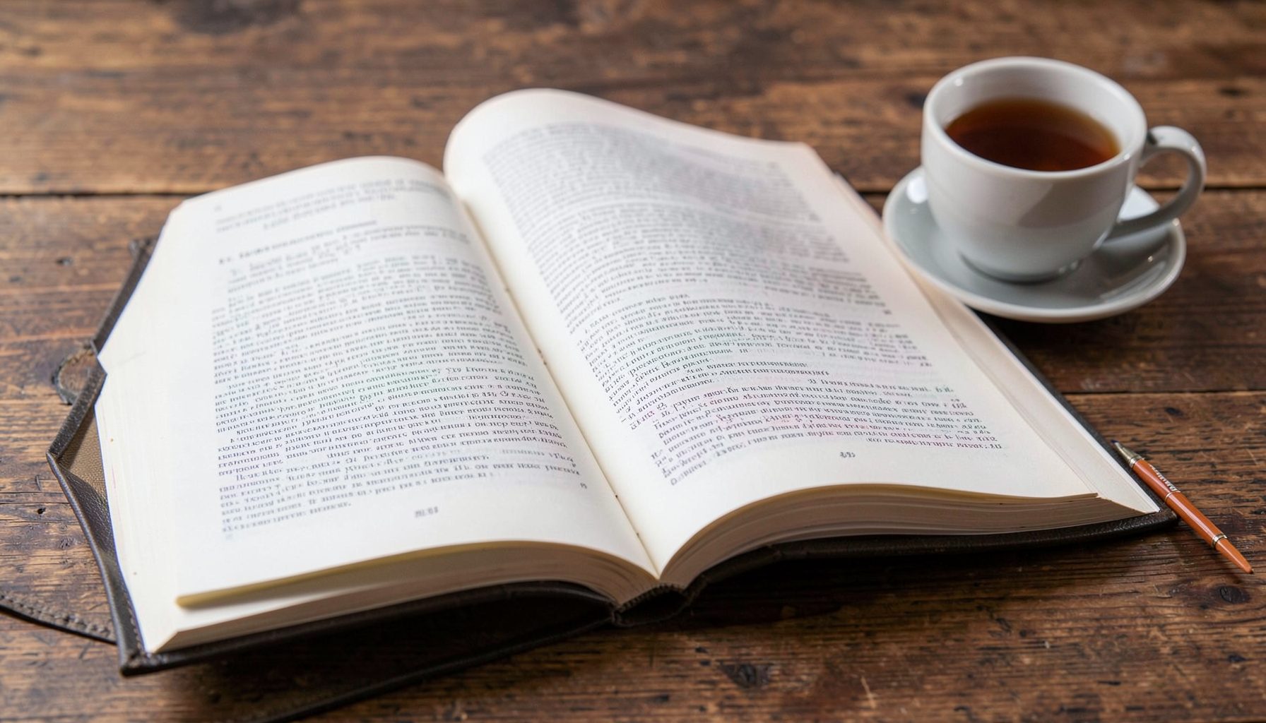 Розгорнута книга на дерев'яному столі, поряд чашка чаю та олівець — літературний затишок