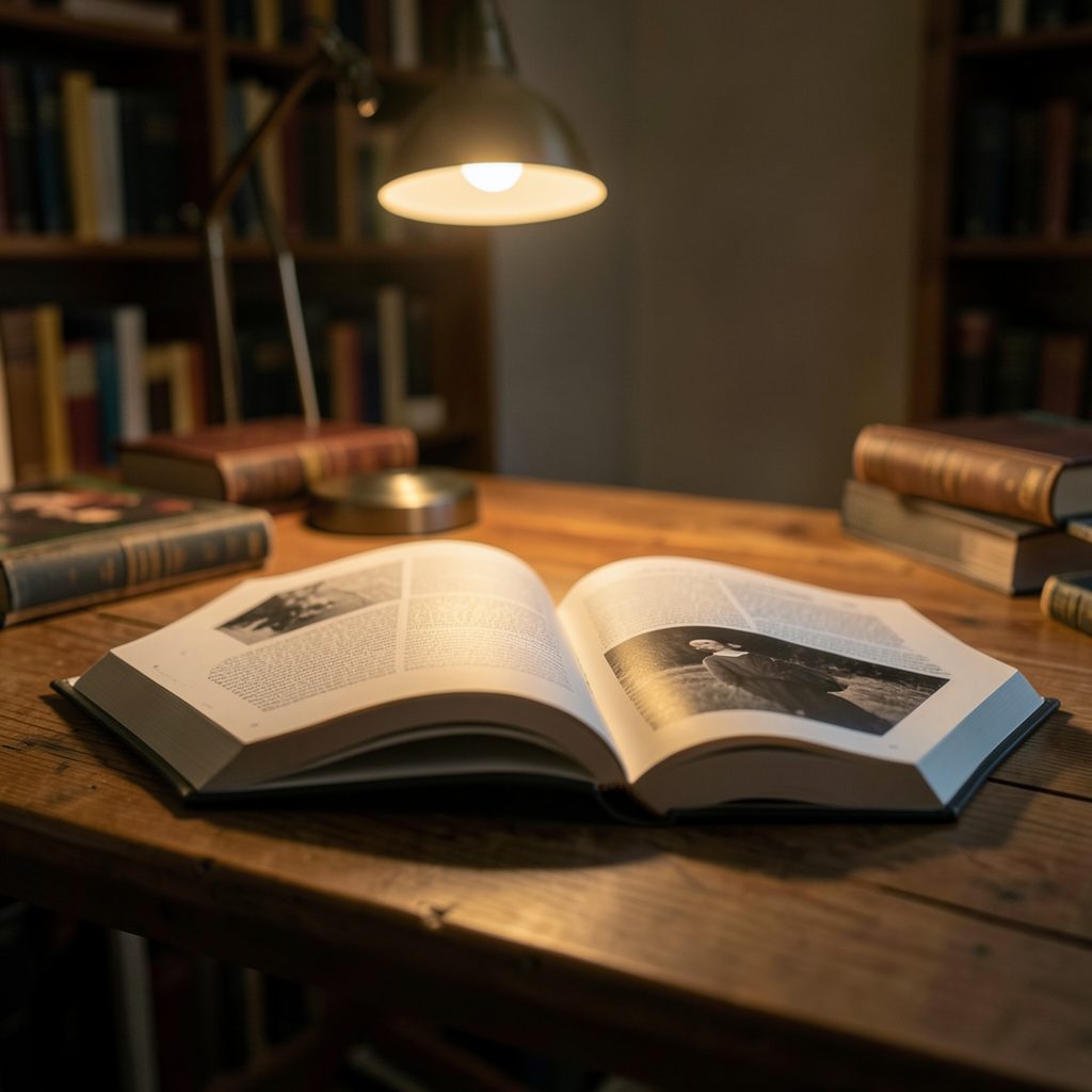Розгорнута книга на дерев'яному столі, м'яке світло від лампи, затишна літературна атмосфера