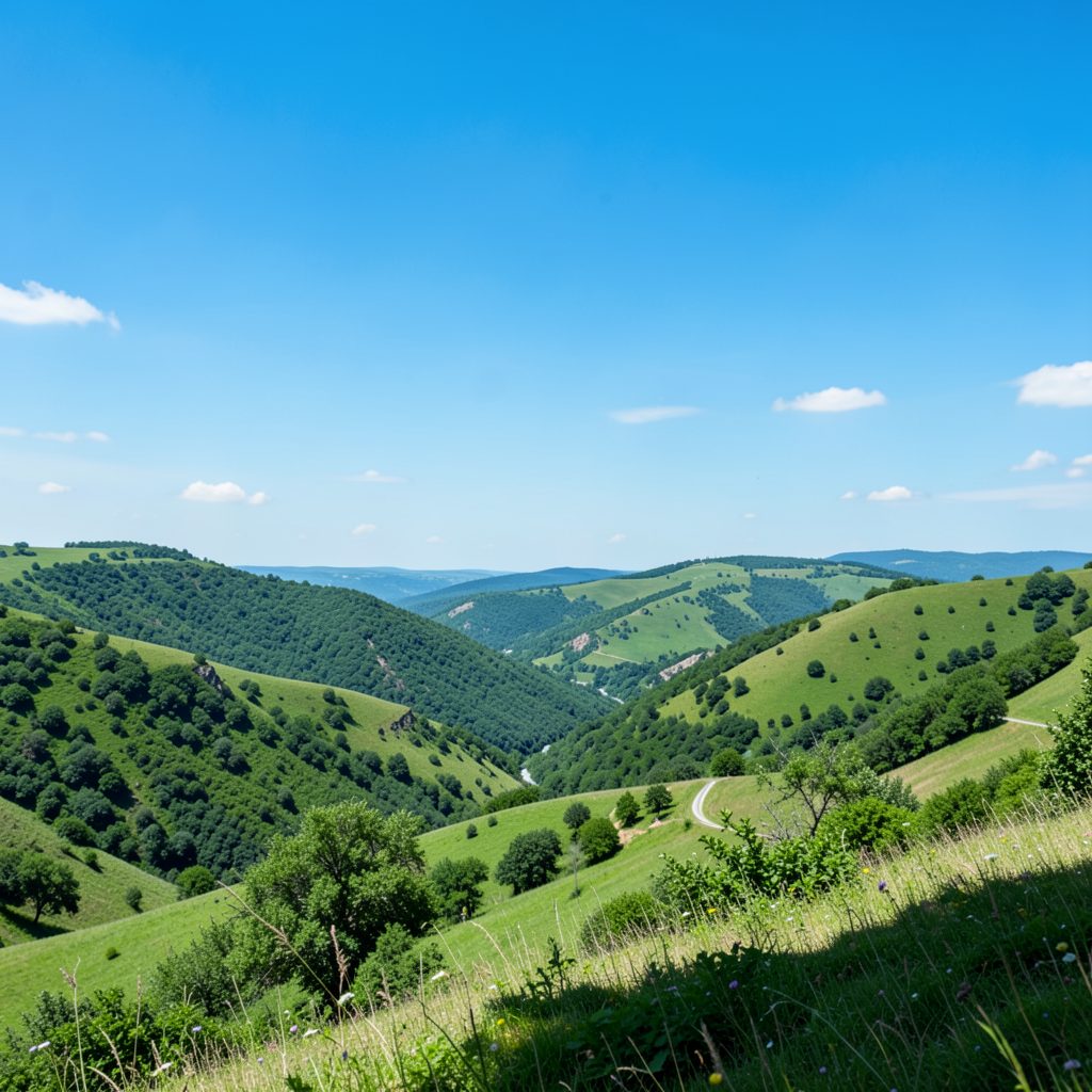Мальовничий краєвид із зеленими пагорбами та блакитним небом, відчуття подорожі та свободи